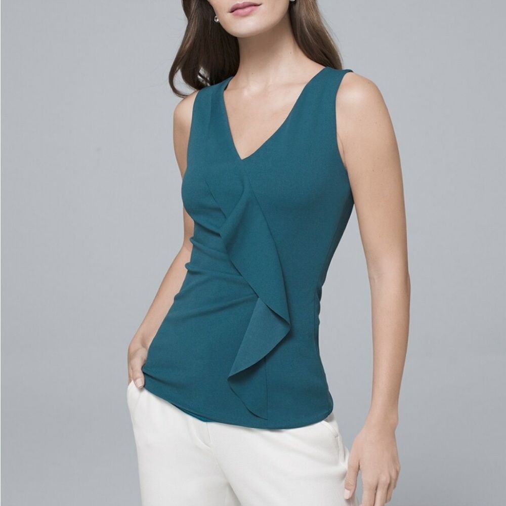 White House Black Market Teal Ruffle‎ V-Neck Blouse Size Small
